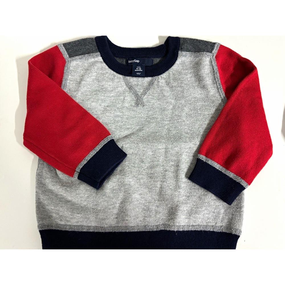 Baby Gap Kids Cotton Knit Pullover Sweater Gray Red Navy Colorblock 6-12 Months
